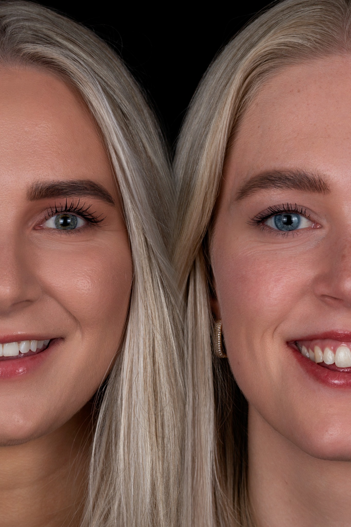 Lachend Side by Side portret van dezelfde twee vrouwen als op het 2-in-1 portret
